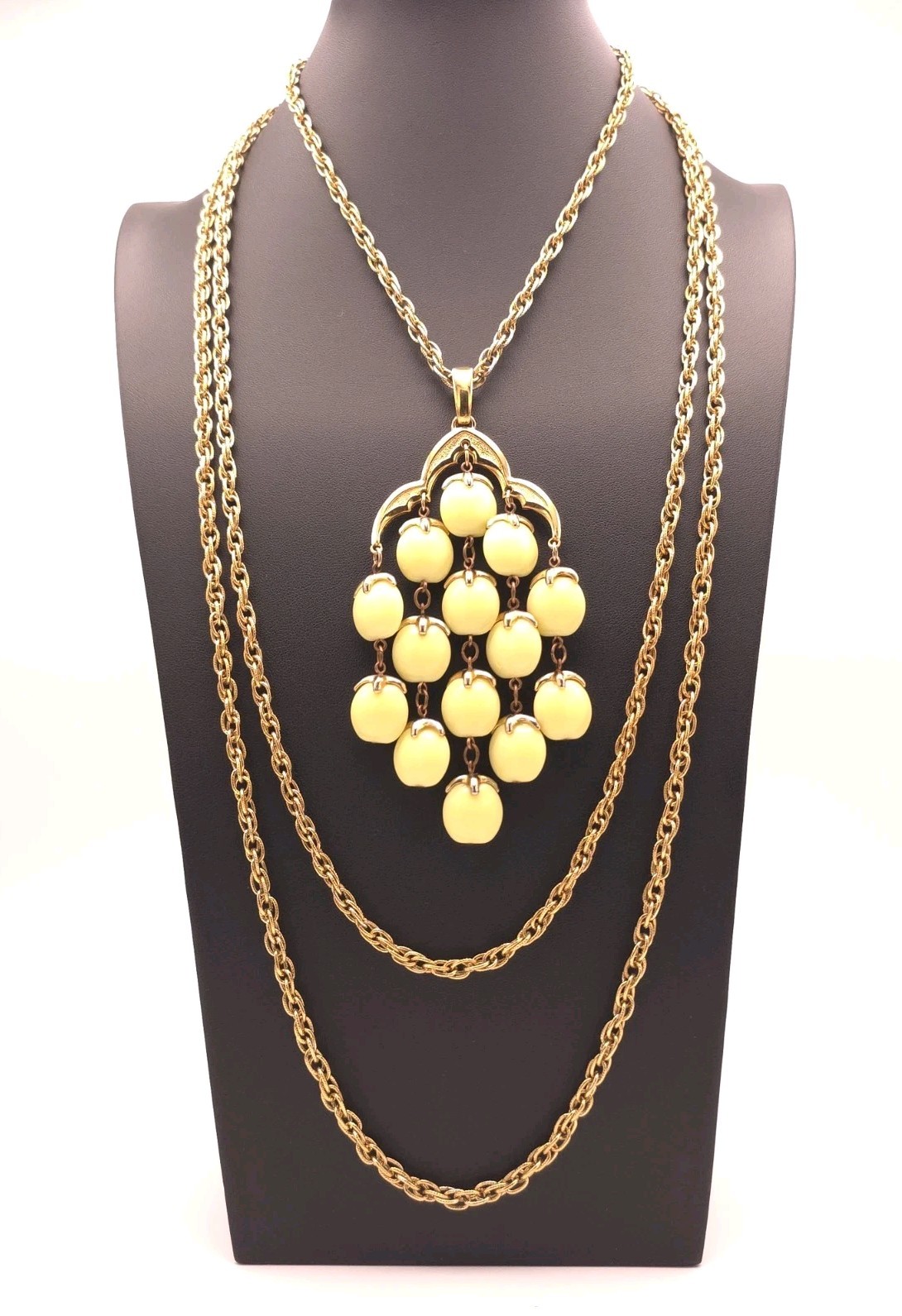 Vintage 1960s Crown Trifari Multi-Strand Lemon Yellow Lucite Waterfall Necklace