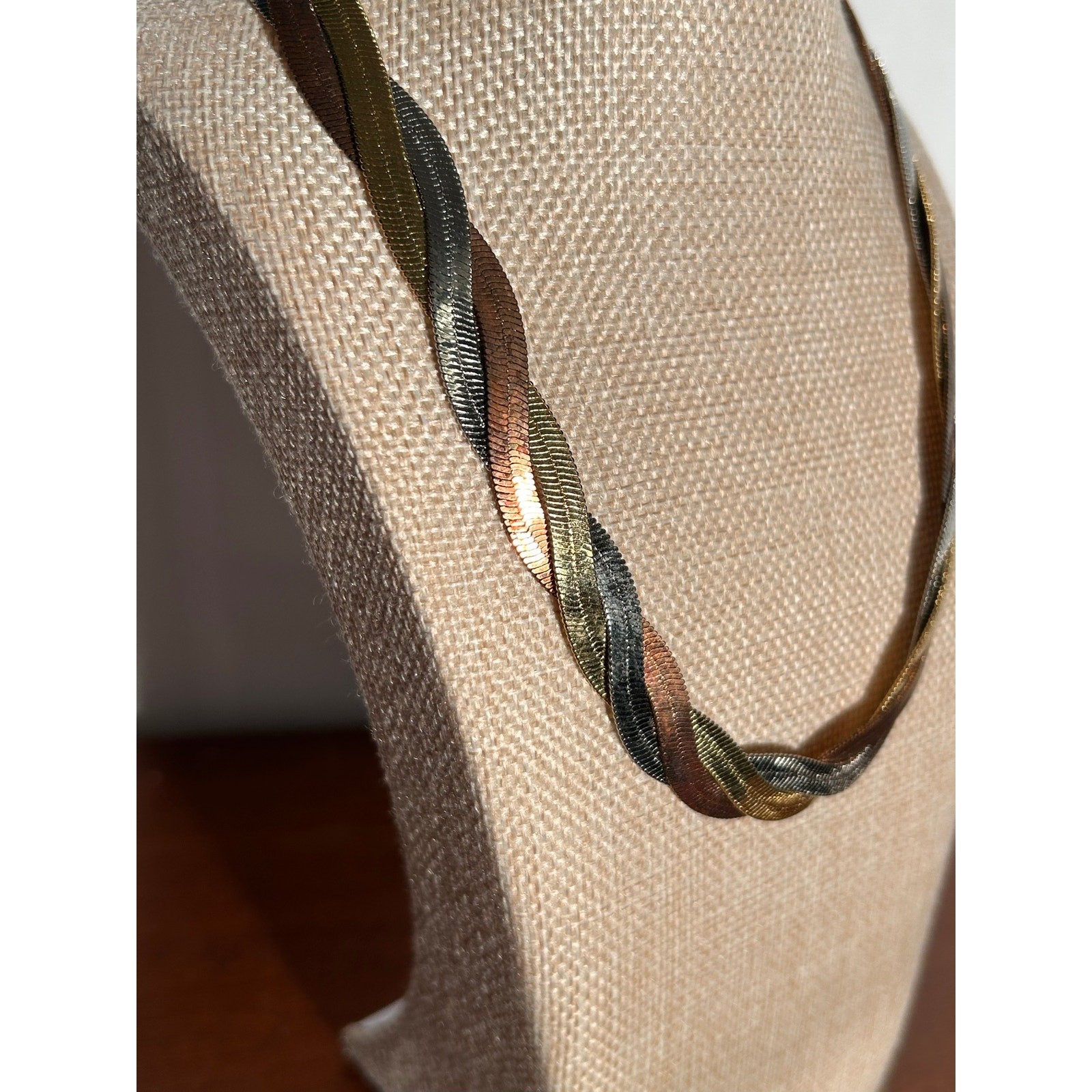 Vintage 16″ Tri Color Gold Braided Necklace 3 Shade Woven Chain Statement