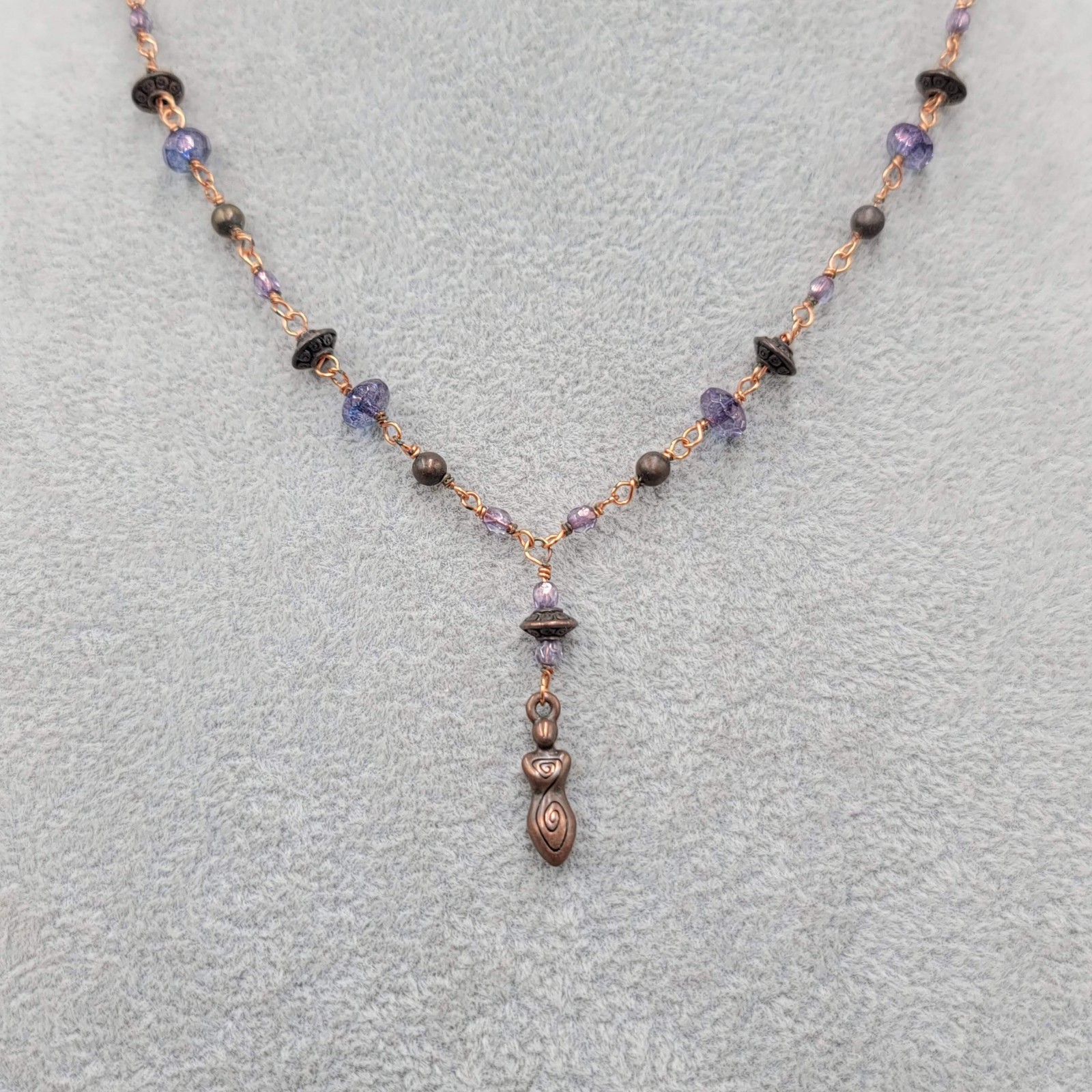 Y Drop Beaded Necklace Copper tone Female Goddess Pendant 18″