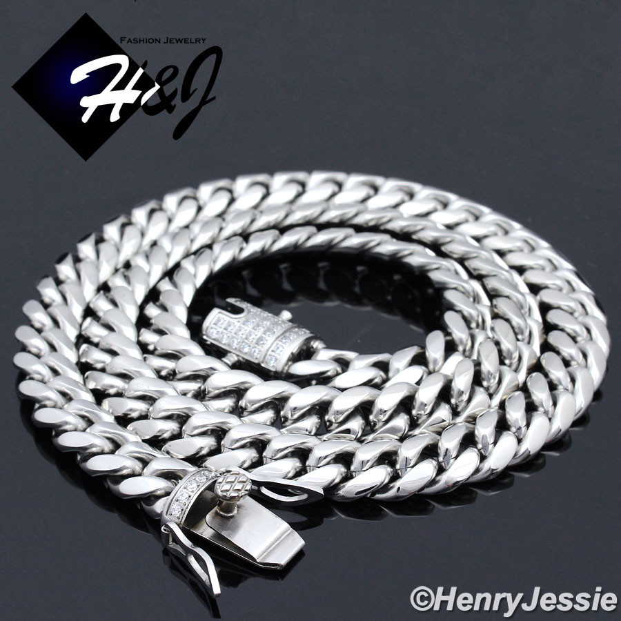 18″-40″MEN Stainless Steel 7mm Silver Icy Bling CZ Miami Cuban Curb Necklace*158