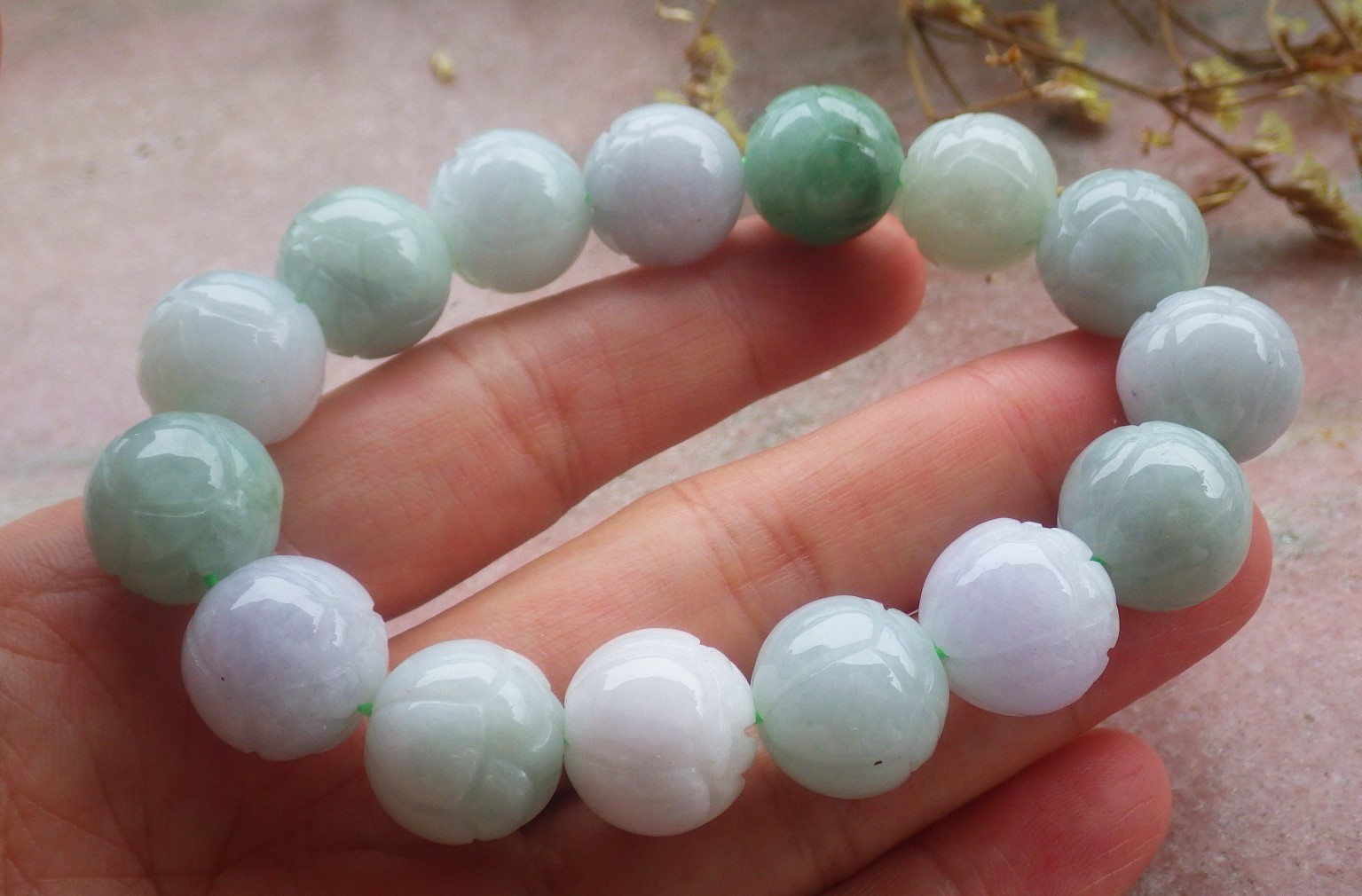 1 piece Green A JADE Jadeite Beads Bangle Lotus Flower Bracelet 7 inches 734353