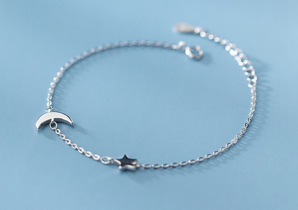 DAINTY Women Girl 925 Sterling Silver Moon and Star Bracelet Anklet 8.6-9.7″