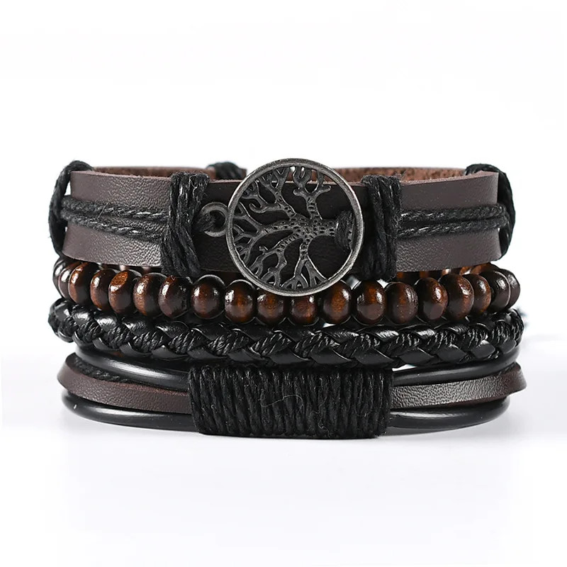 4Pcs/ Set Braided Wrap Leather Bracelets for Men Vintage Life Tree Rudder Charm