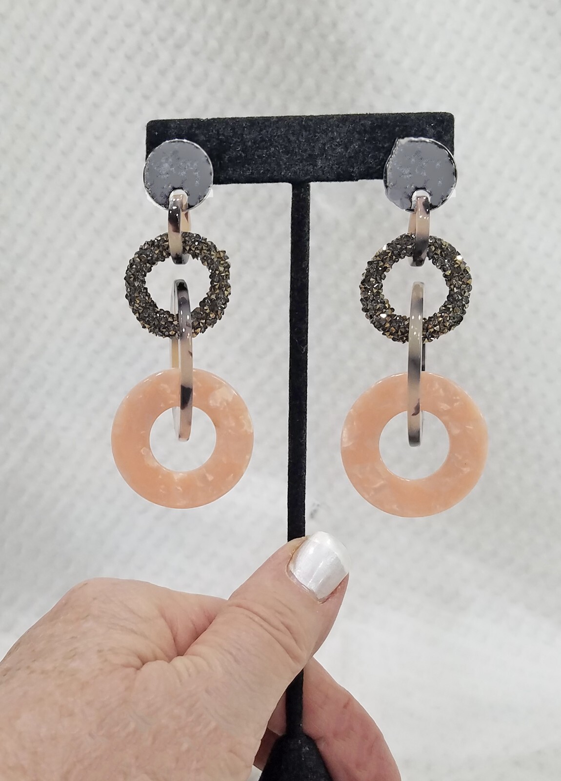 Pale Peach Tortoise Shell & Glitter Acrylic Hoop Silver Tone Dangle Earrings