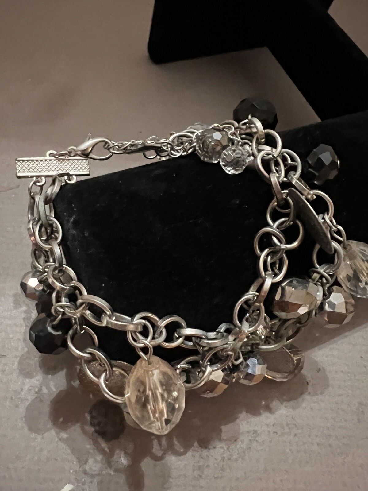 Silvertone Charm Double Strand Bracelet 8” Clear Black Mirror Bead Lobster Clasp
