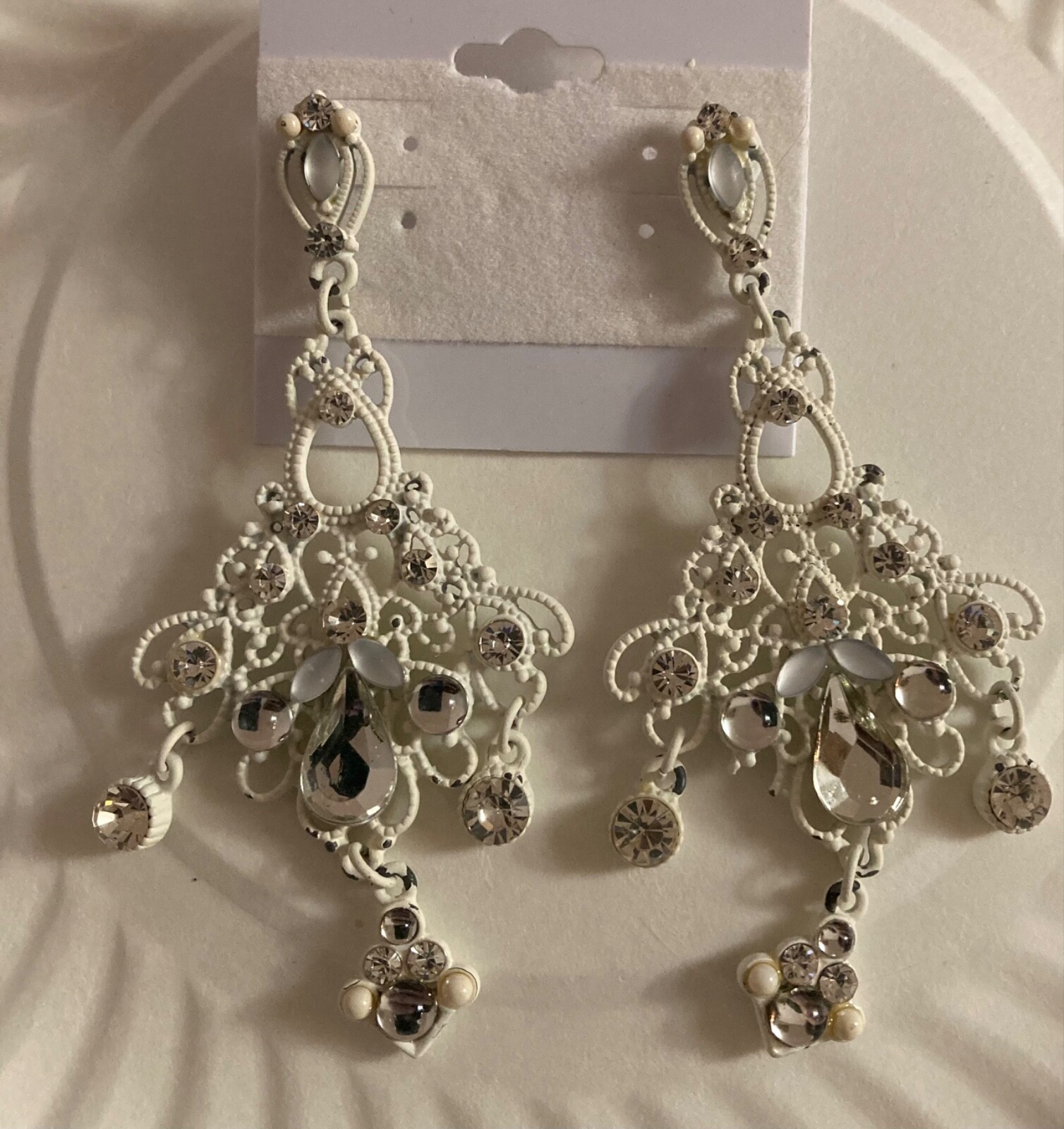 Victorian Design Circa 1990 White Enamel Clear Stone Chandelier Pierced Earrings