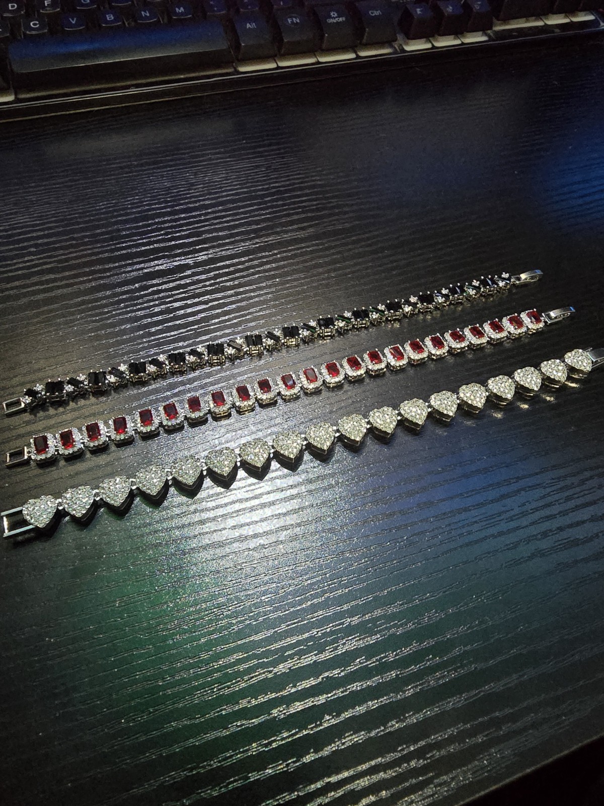 Silver Tone Tennis & Charm Bracelets Red Black Hearts Combo 8in braclet set