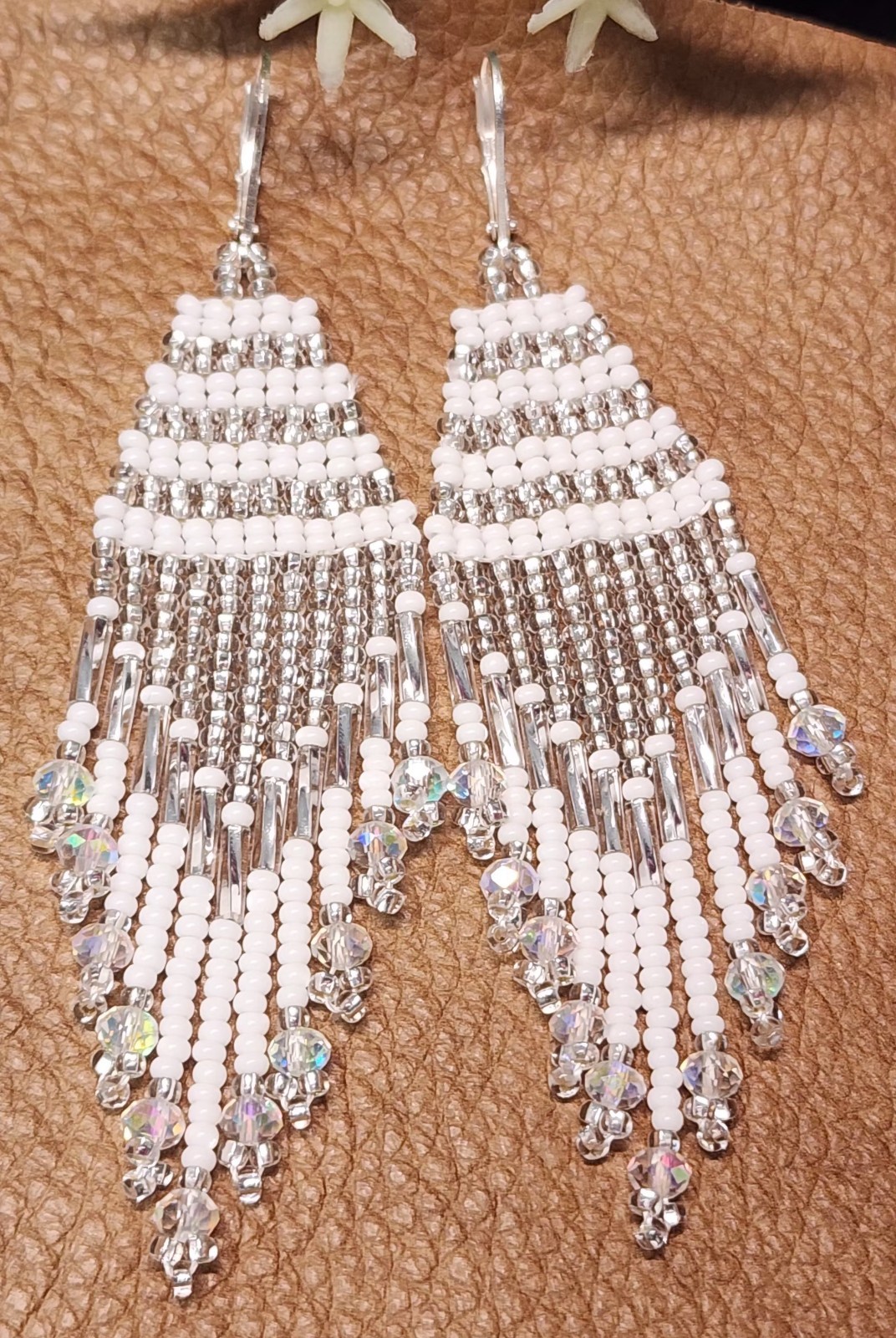 Elegant Brighton White Crystal Beads Earrings with Delicate Desi . Leght 3.5 In