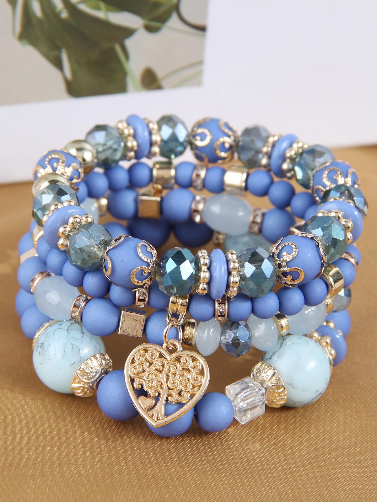 4pcs/set Matte Blue Heart Charm Beaded Bracelet Women Bracelet Stackable