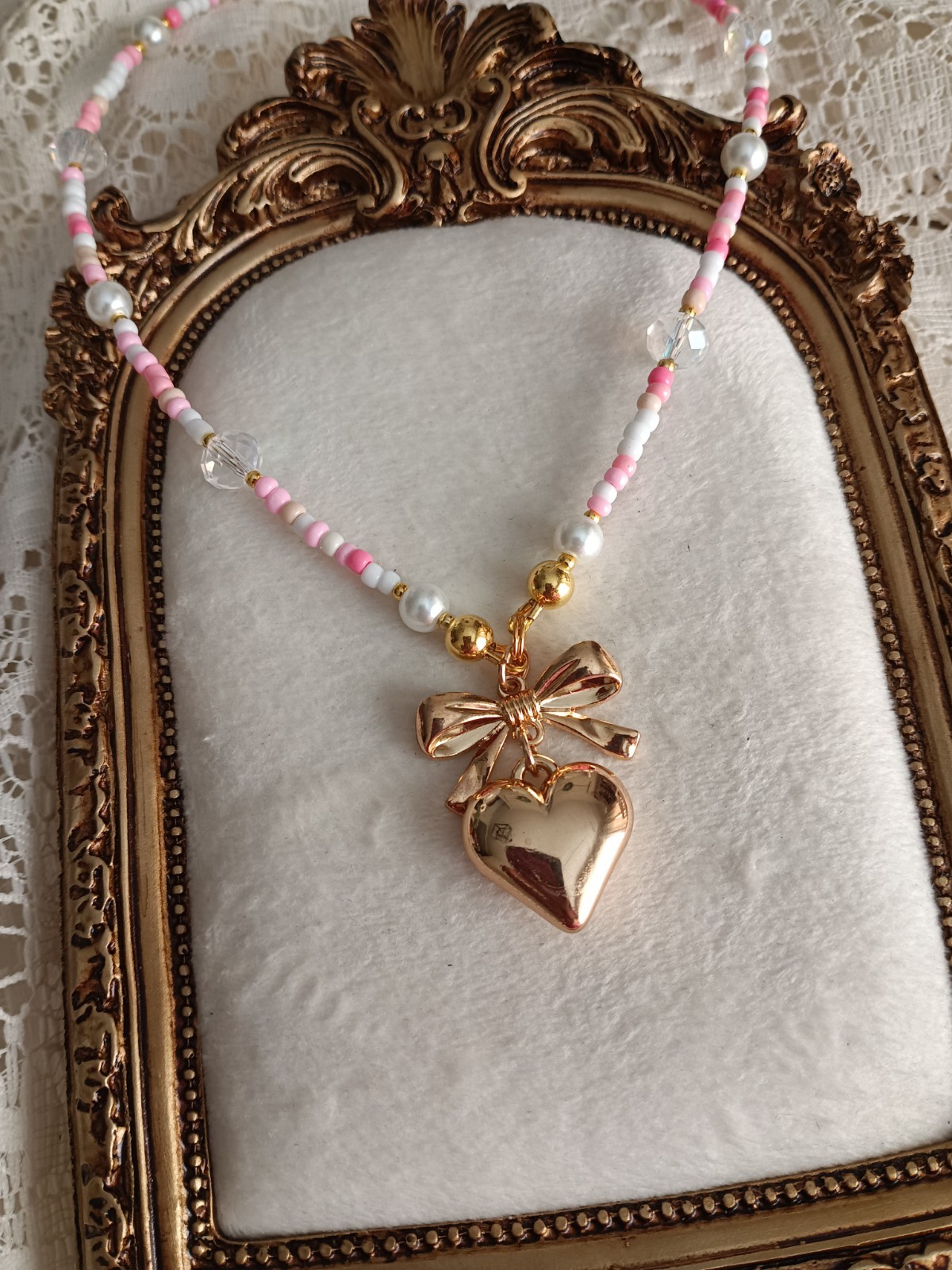 Handmade Pink White Beaded Ball/Bead Necklace Gold Tone Heart Charm Pendant