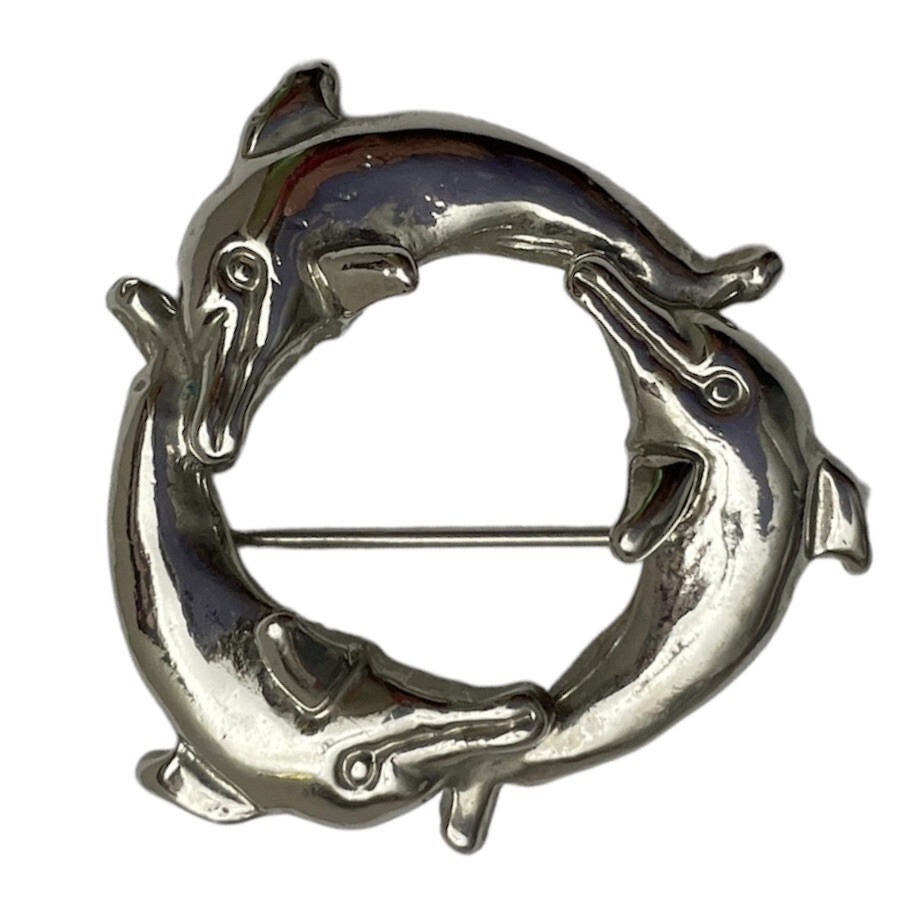 Silver Metal Dolphins Brooch Beachy Silver Jewelry Coastal Sea Life Pin