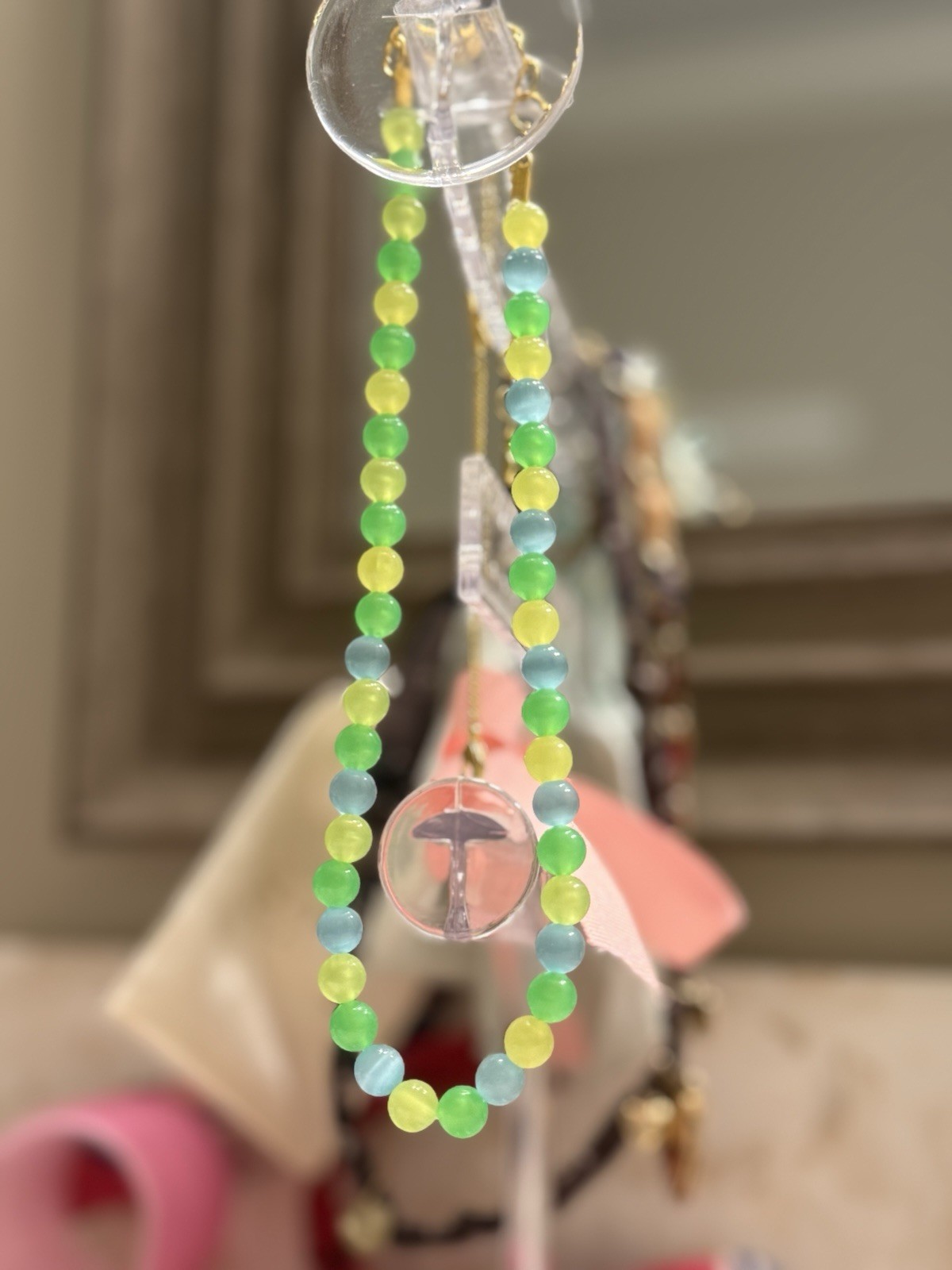 Green Blue Yellow Beaded Necklace w/ Clear Round Glass Charm MADE BY ME🩵🧡🩷💛