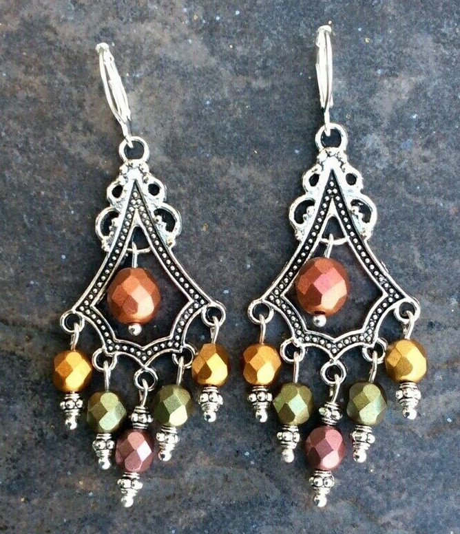 Fall Colors Boho chic Chandelier Earrings with Sterling Silver lever backs