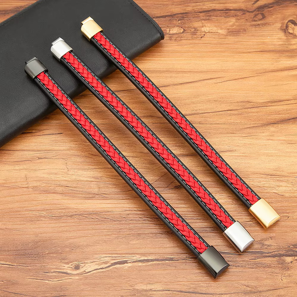 Black & Red Braided Rope Leather Bracelet Men Stainless Steel Charm Jewelry Bang