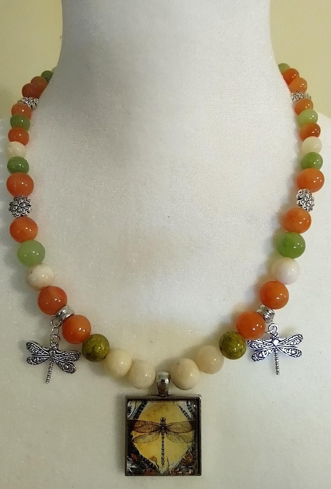 Necklace, Every day wear, Dragonfly, Green, Orange, Cream, Floral, Spring Time