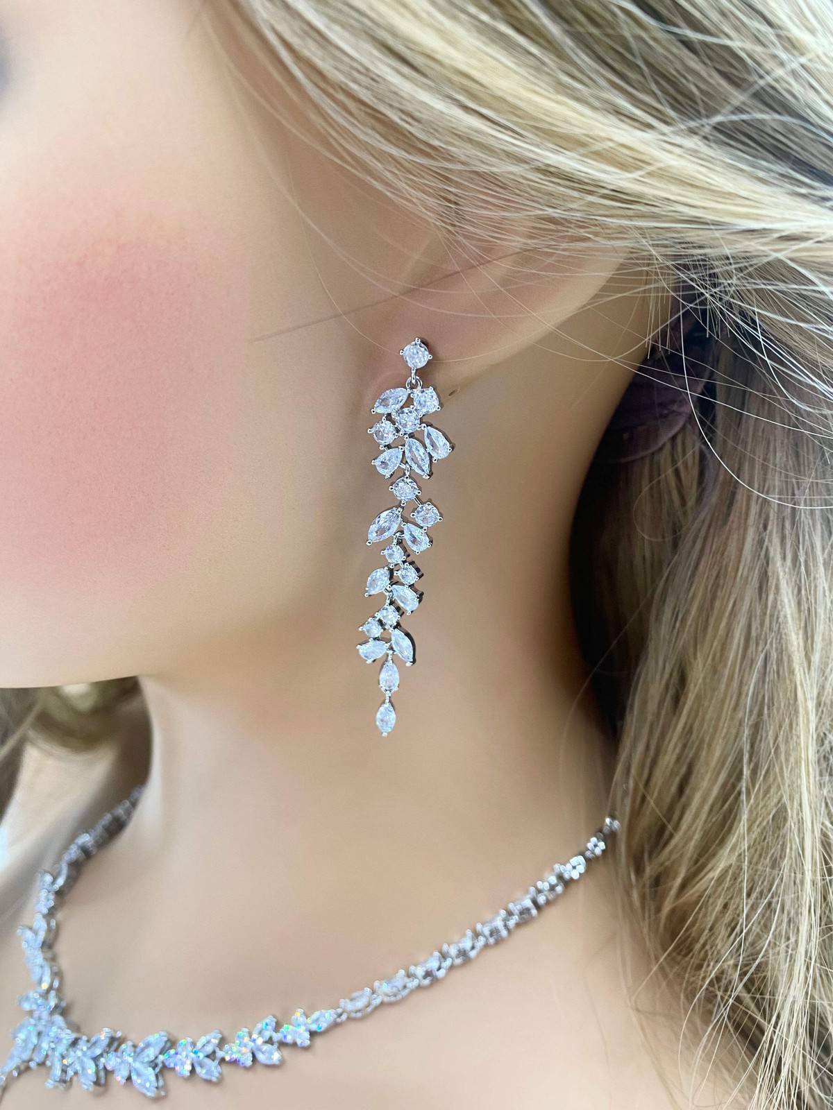 Crystal CZ Wedding Necklace Set, Gift for Her, Bridal Jewellery, Droplet Earring