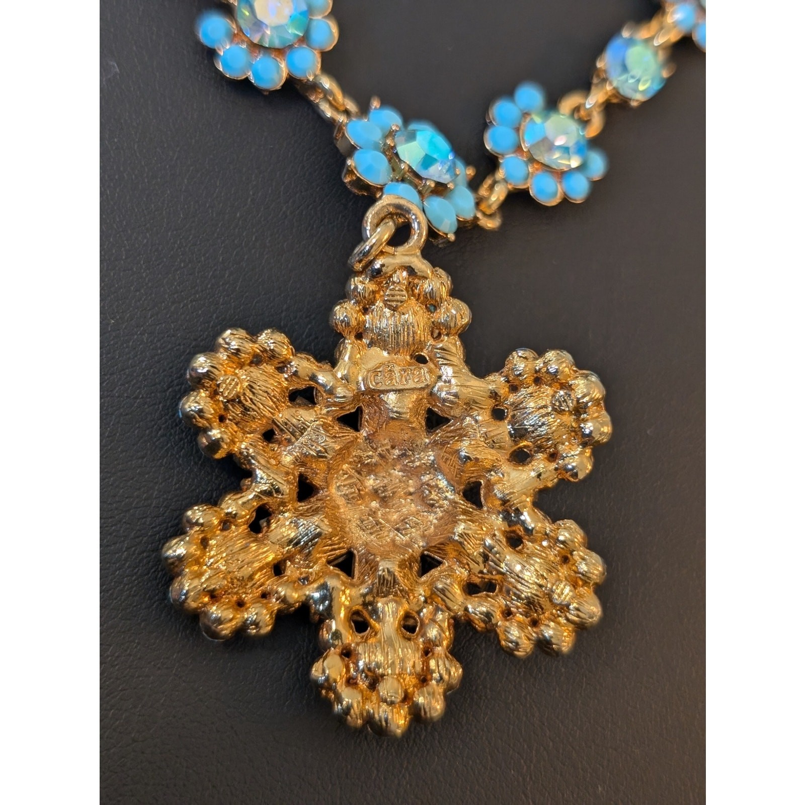 Authentic Cara Blue AB Crystal Gold Tone Pendant 16″ – 20.5″ Necklace