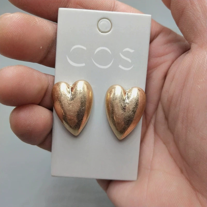 Chunky Heart Stud Earrings Gold & Silver Tone Glossy Puff Heart Fashion Jewelery