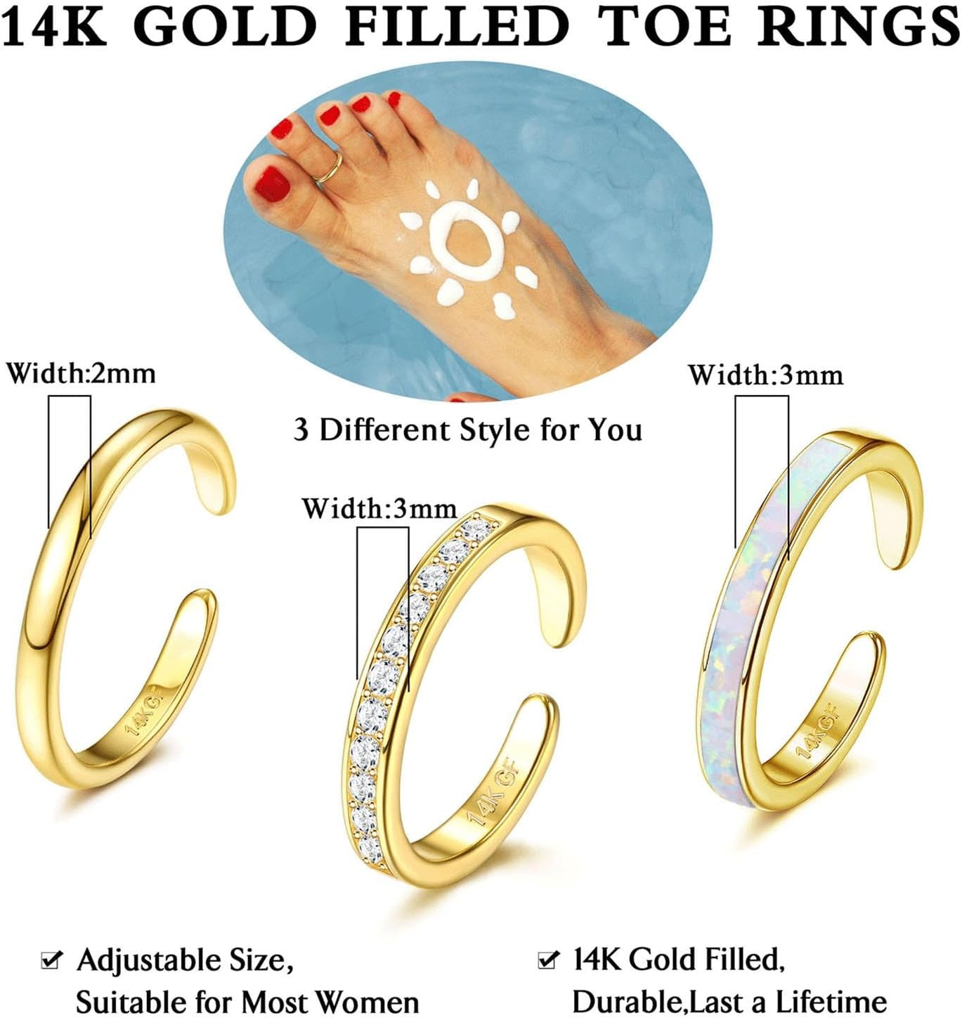 3PCS 14K Gold Filled Toe Rings for Women Adjustable Silver Gold Toe Ring Set Cut