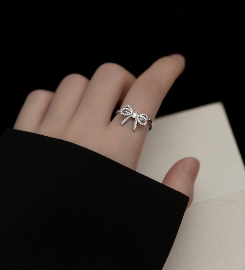 Minimalist Bow Knot Open Ring Crystal Zirconia Gold Silver Color for Women Gift