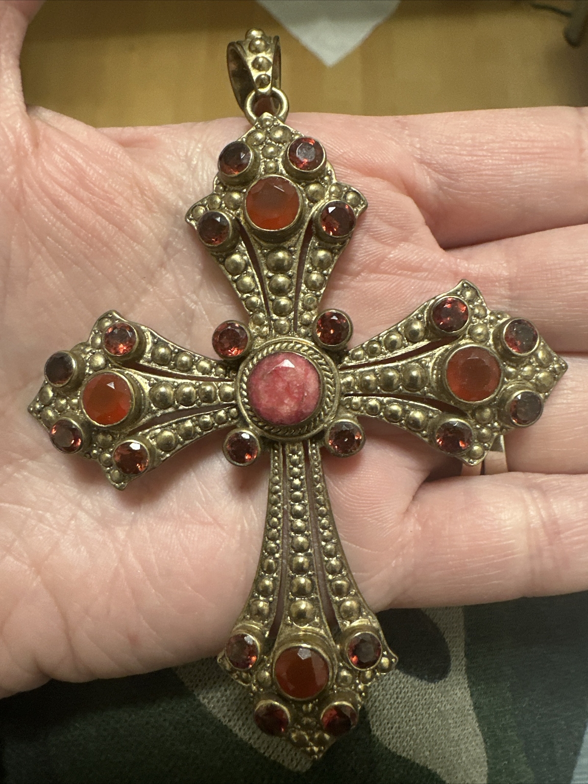 NICKY BUTLER NB RUBY CORUNDUM CARNELIAN HONEY QUARTZ LARGE CROSS PENDANT BRONZE