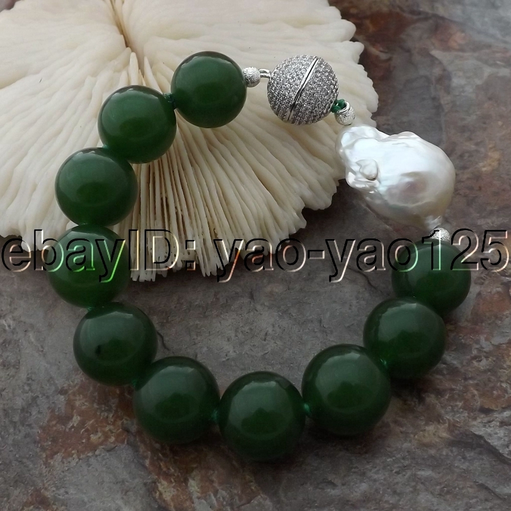 K061211 8” 16MM Green Jade White Keshi Pearl Bracelet