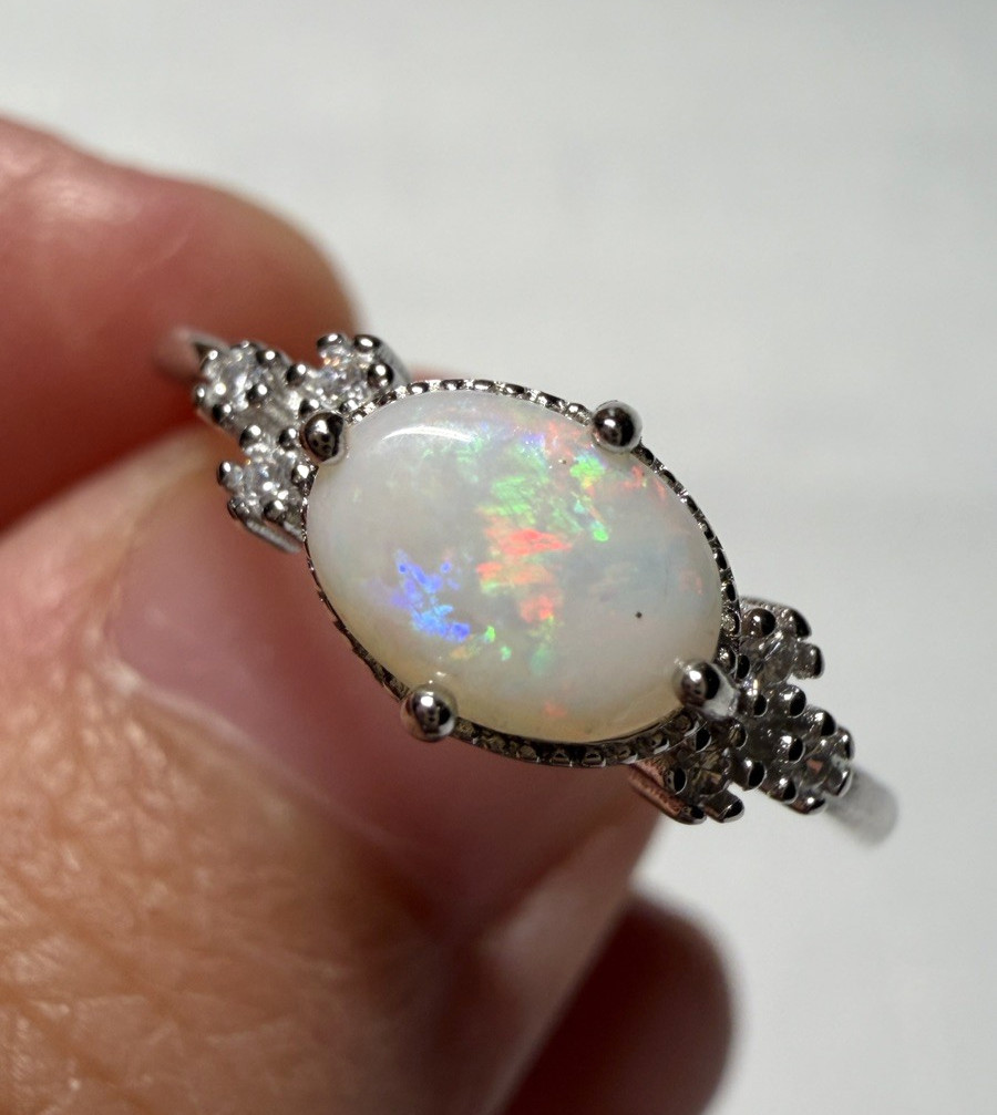Solid Opal Ring Natural Rainbow Fire Silver Size Adjustable Everyday Lux #0165