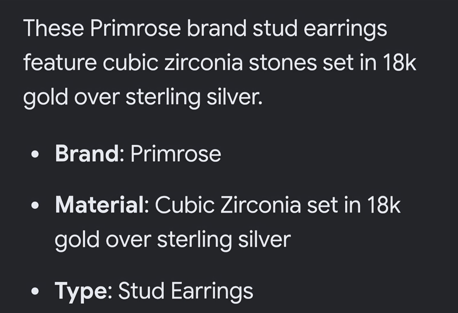 Brand New Primrose Stud Cubic Zirconia 18KT Gold Over Sterling Silver Earrings