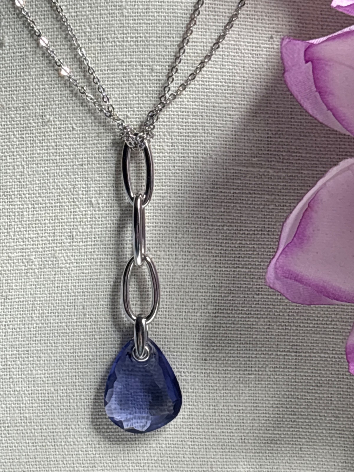 Swarovski Teardrop Necklace | Blue Purple Heliotrope Crystal | Swan Signed 18″