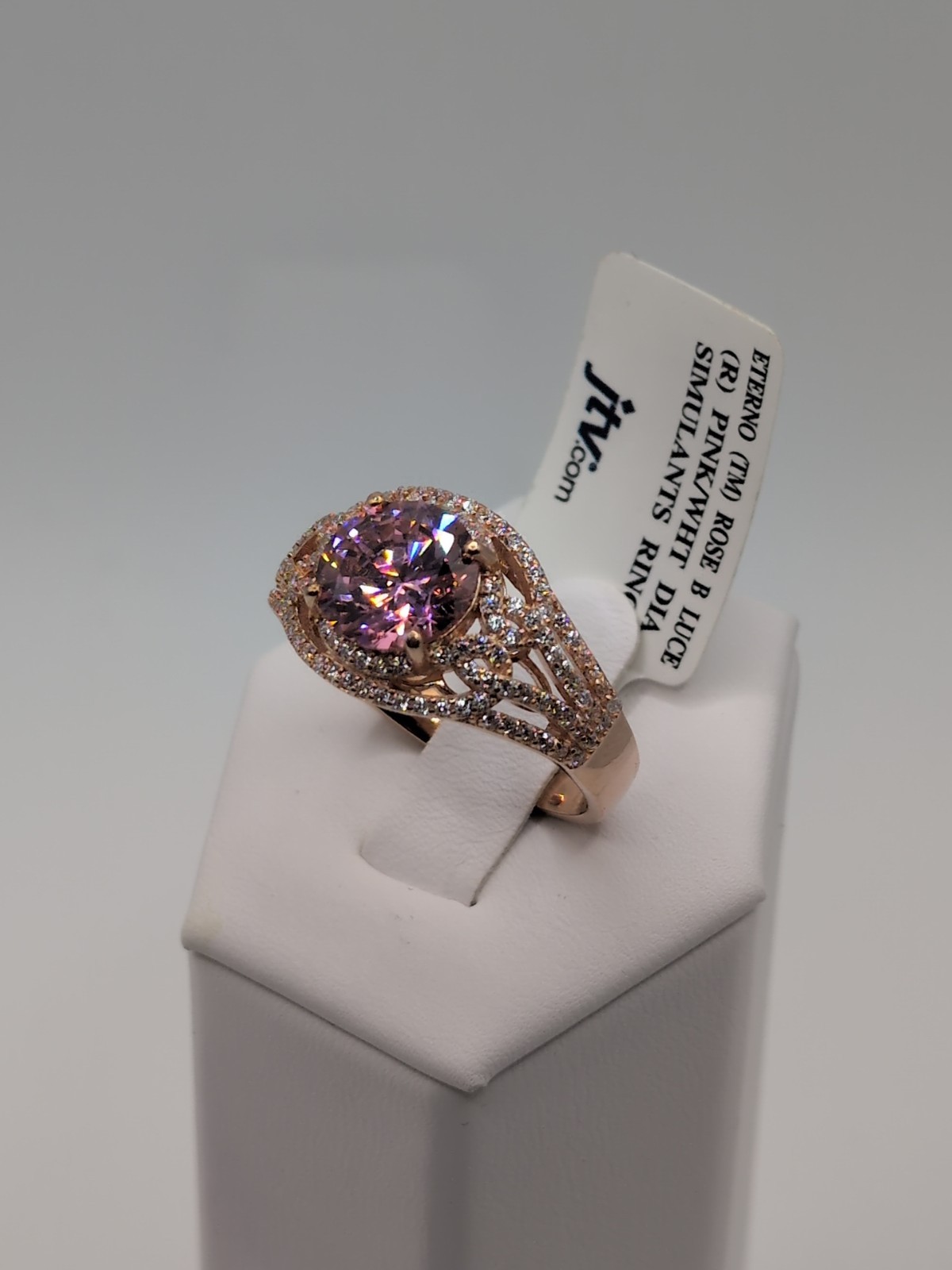 Stunning JTV Eterno Pink Rose/Diamond Simulant Rose Gold/Sterling Ring Size 12