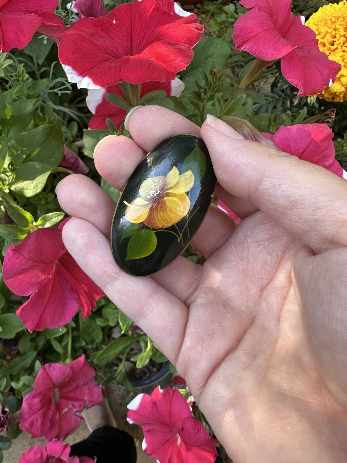 Vintage 1980s Russian Hand-Painted Oval Floral Wood Brooch Black Yellow Green
