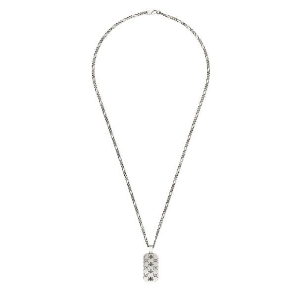 Gucci GG and Bee Engraved Sterling Silver Dog Tag Pendant Necklace