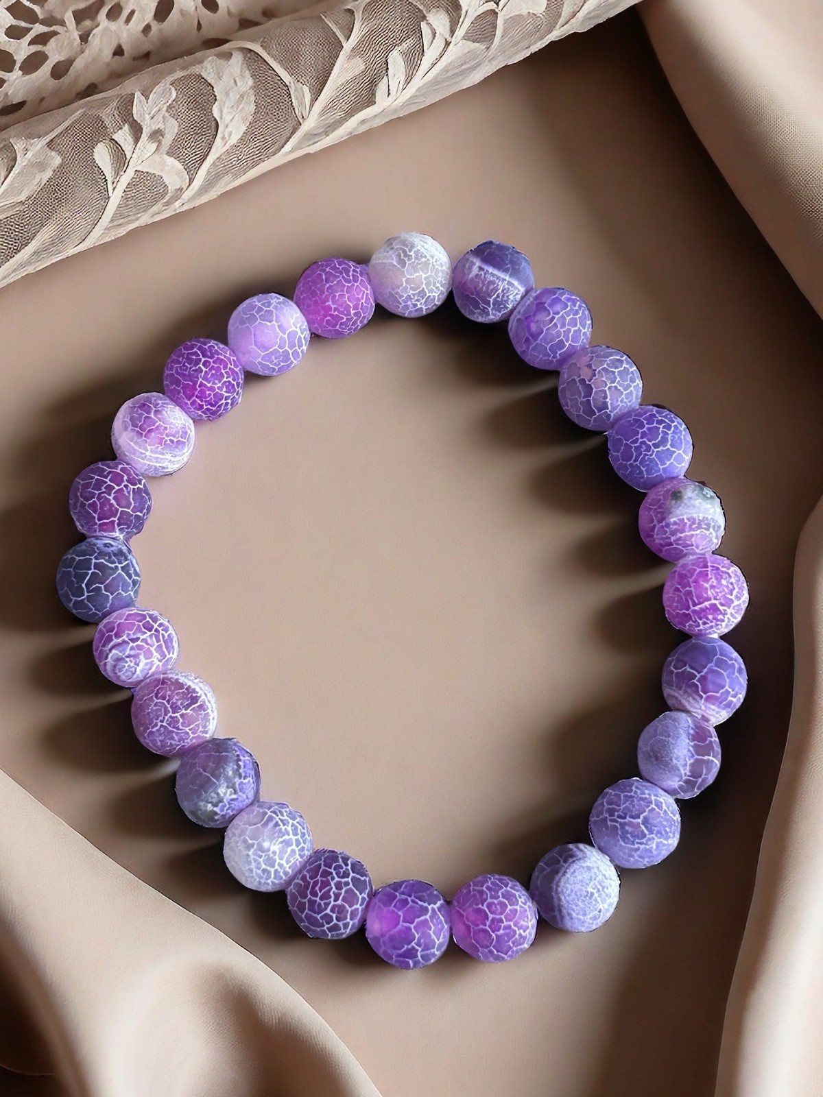 8mm Frosted Purple Crackle Agate Dyed Natural Stone Beaded Stretch Bracelet