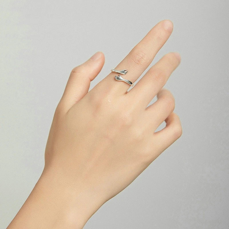 925 Sterling Silver Hug Hands Adjustable Ring Open Band Promise Ring Gift Women