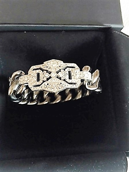 CHANEL DECO CRYSTAL RUTHENIUM CHAIN BANGLE CUFF BRACELET STYLE & EDGE NEW ITALY