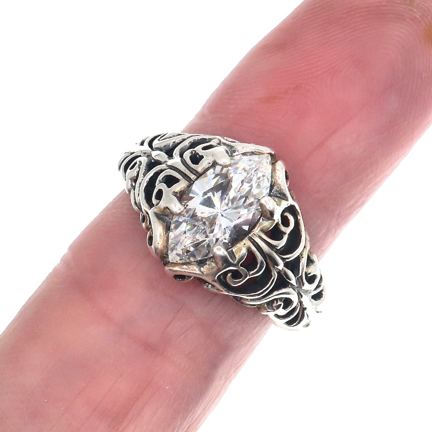 Sterling Silver Kabana Brand 2 Carat Marquise Cubic Zirconia Ring, Size 10 1/2