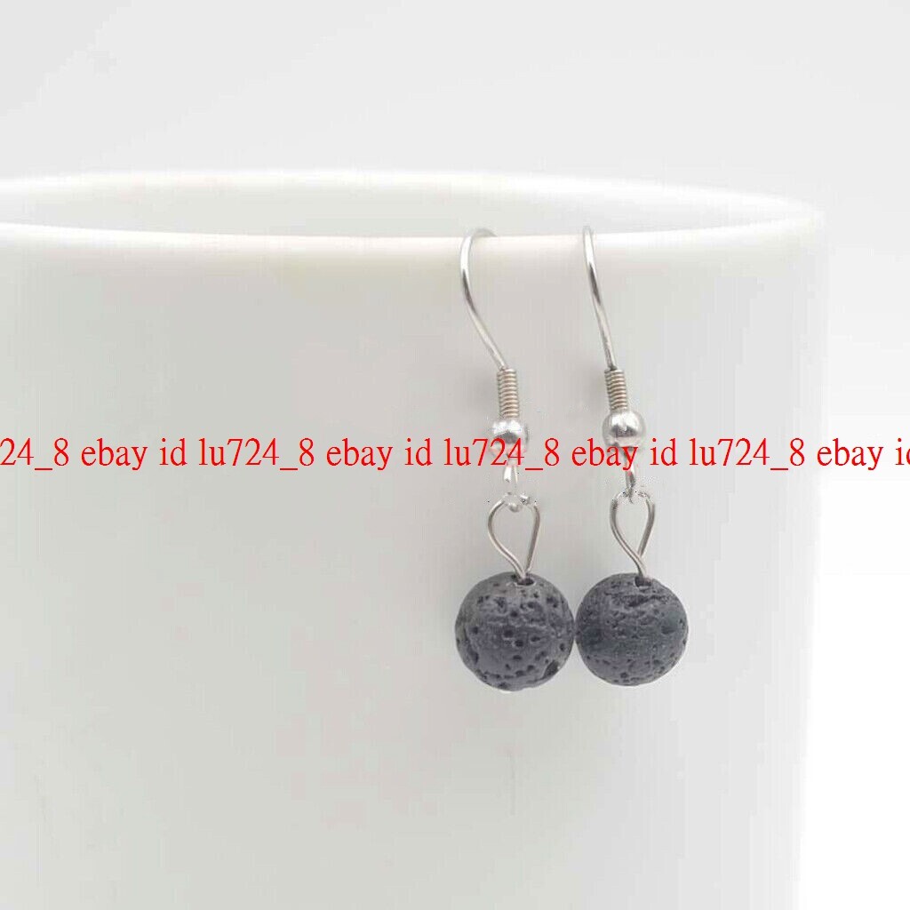 1 Pair 6/8/10/12mm Black Lava Stone Round Gems Beads Dangle Silver Hook Earrings
