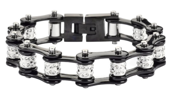 12mm Black Bike Chain Bracelet Double Row Crystals 132