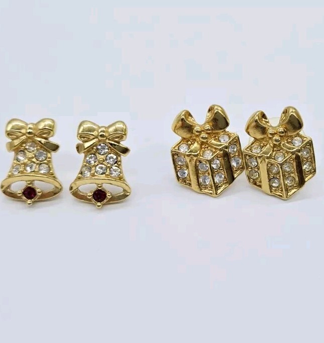 Avon Present Gift Box Holiday Earrings Lot Gold tone Christmas Bell 2 pair
