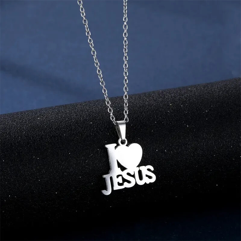 “I Love Jesus”, Silver Pendant Necklace, Christian, Heart, God Church Great Gift