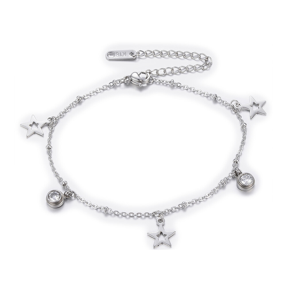 Stainless Steel Charms Bracelet Cubic Zirconia Lobster Star Clear 7.8″ Z109