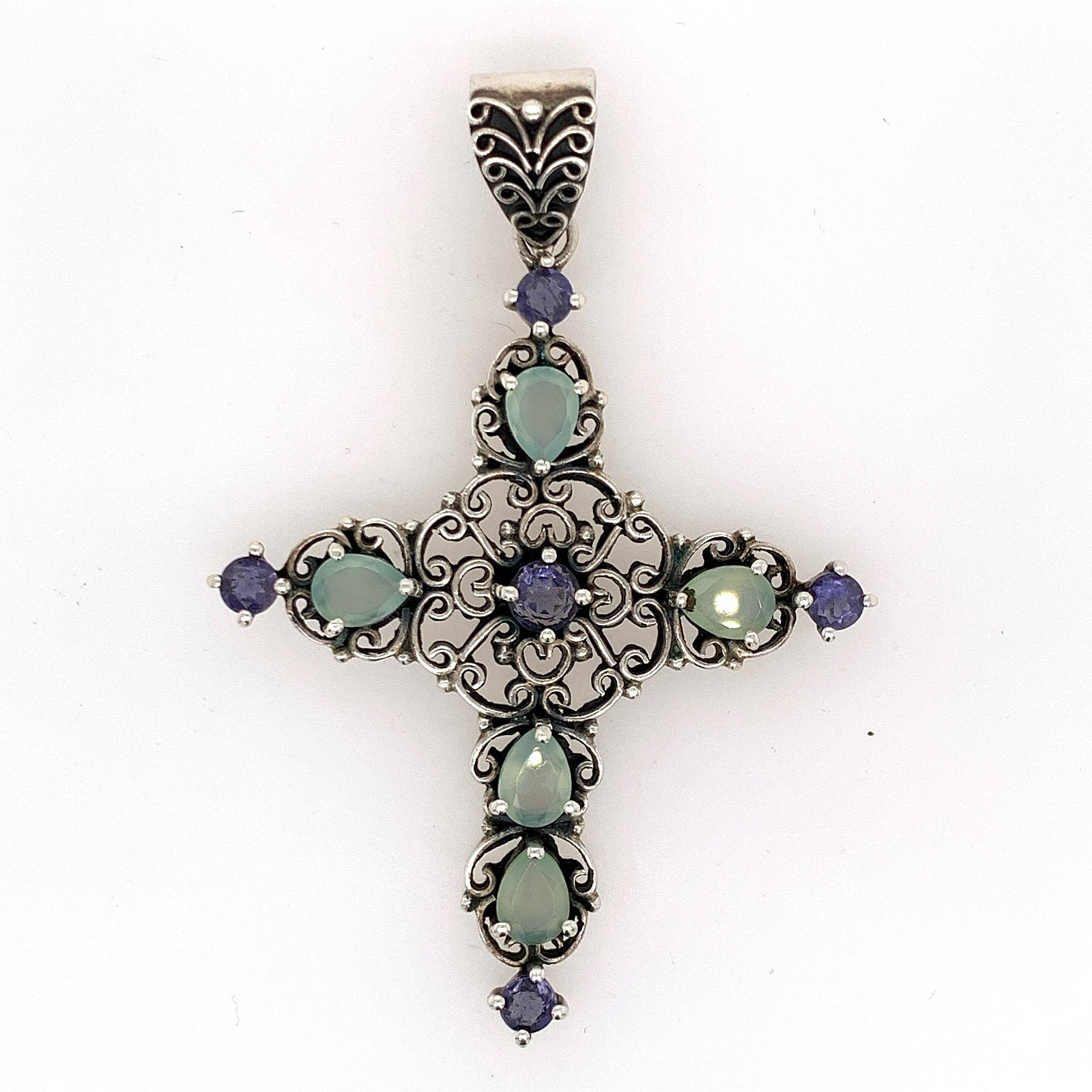 Sterling Silver Doug Paulus Topaz & Sapphire Swirly Cross Pendant for Women