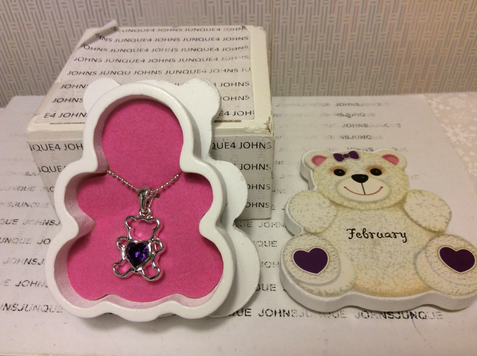 TEDDY BEAR NECKLACE New in Teddy Bear wooden Box 16” chain FEBRUARY