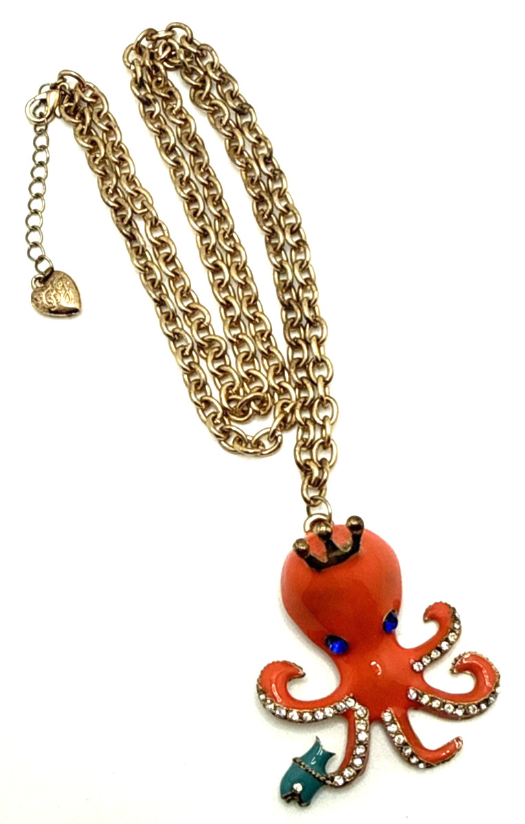 BETSEY JOHNSON Orange Enamel Octopus Pendant Necklace Blue Fish Clear Crystals