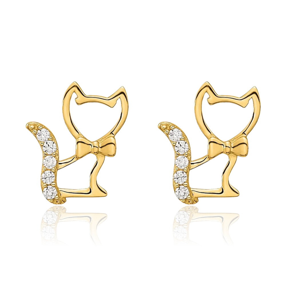 14K Solid Yellow Gold Cubic Zirconia Large Kitten Cat Stud Earrings 9.14mm 3/8