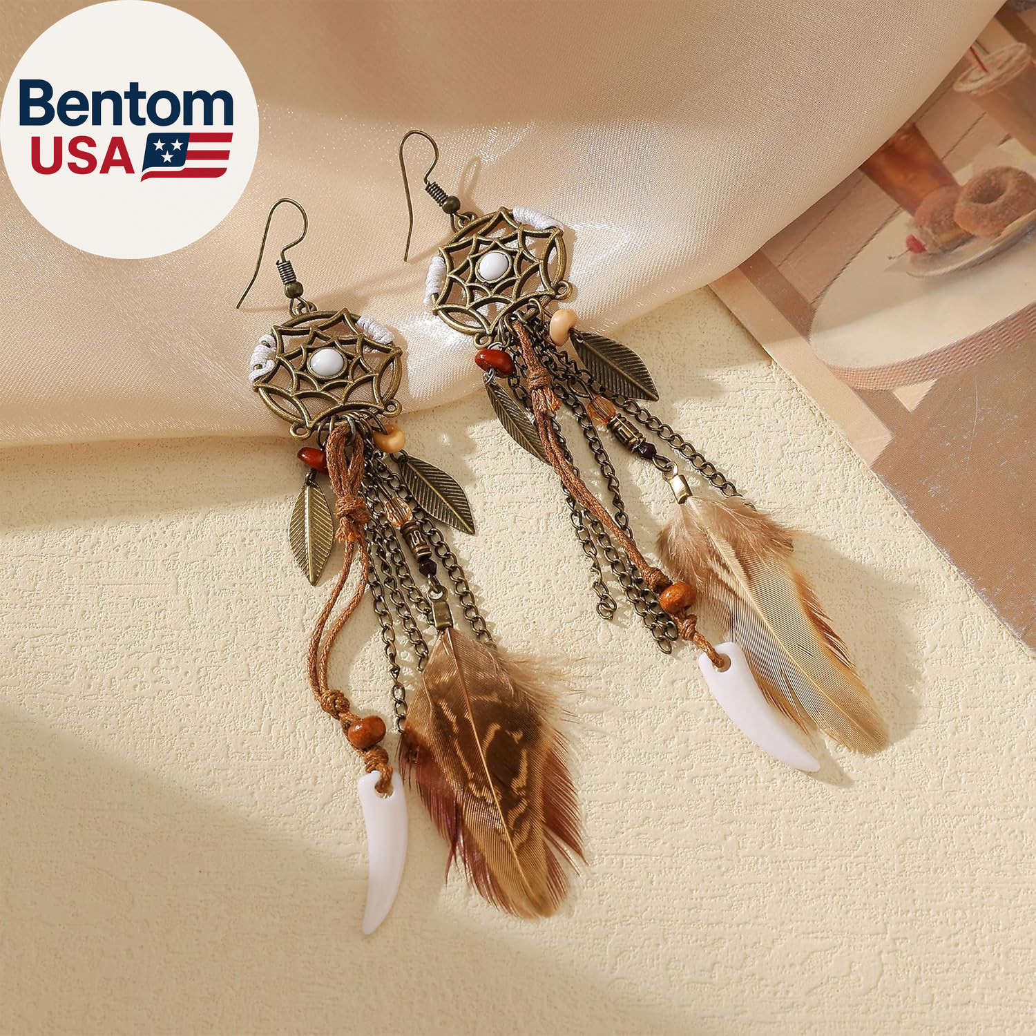 Brown Dream Catcher Feather Earrings Vintage Bohemian Ethnic Dangle Earrings for