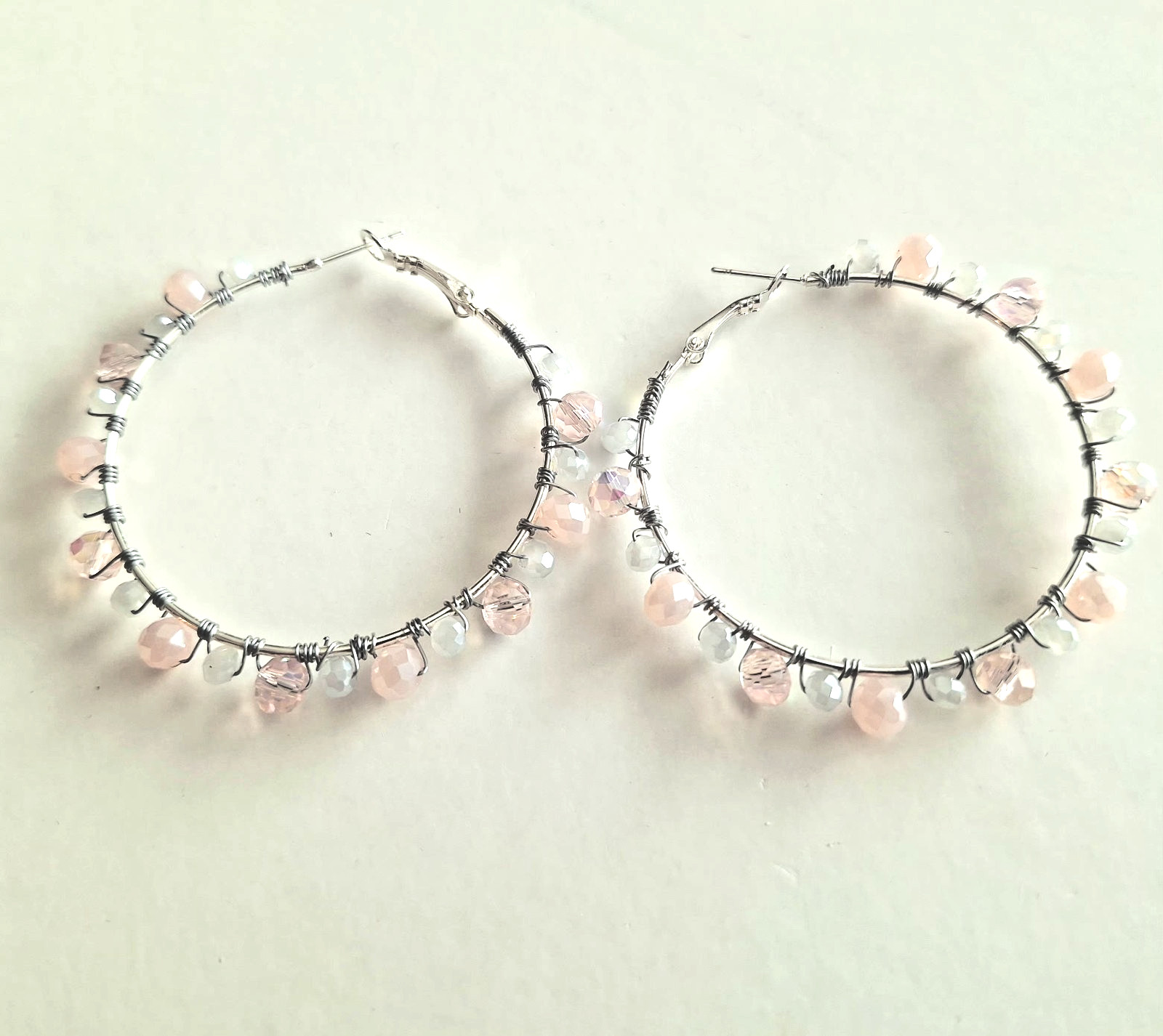 Large Handmade Silver-tone hoop earrings Pink and gray iridescent beads Boho