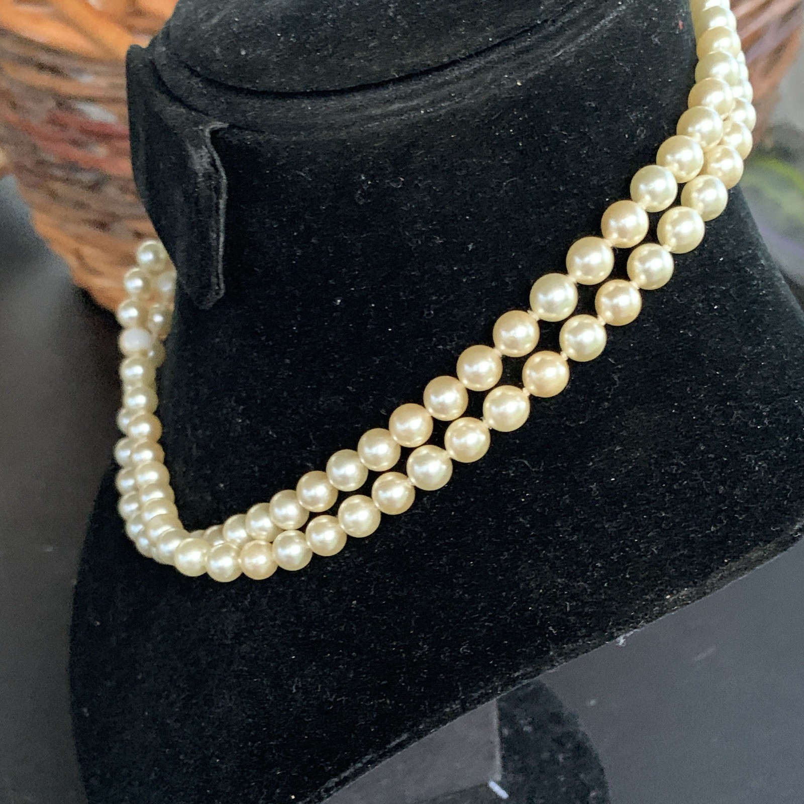 Double Strand Cream Faux Pearl Beaded Strand Necklace Gold Tone Clasp