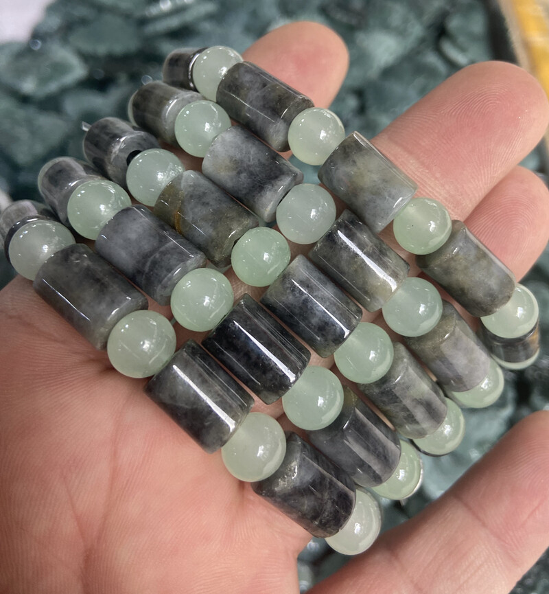 Certified Gray Natural Type A Jade Jadeite Carved Circle 路路通 Bead Bracelet 7.5“