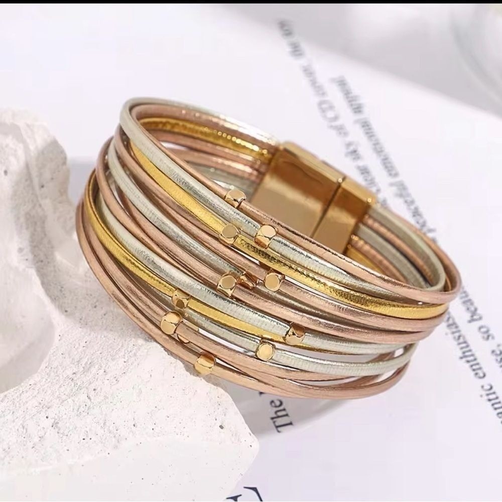 Multi Strand Bracelet Gold Silver Rose Gold Tone Boho Chic Magnetic Clasp